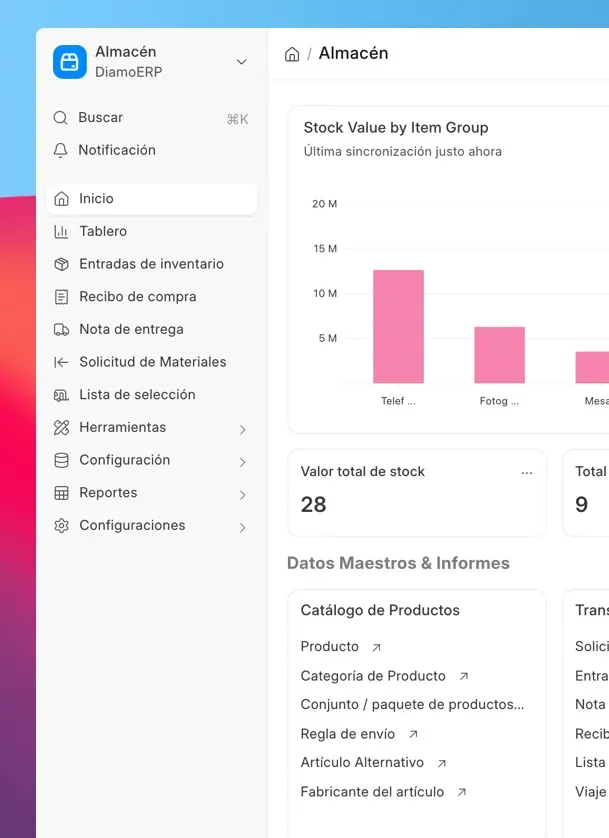 Panel de inventario y almacenes de DiamoERP